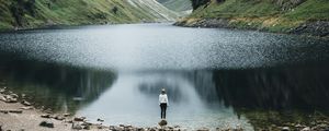 Preview wallpaper lake, mountains, girl, alone, nature