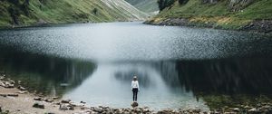 Preview wallpaper lake, mountains, girl, alone, nature