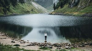 Preview wallpaper lake, mountains, girl, alone, nature