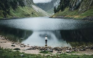 Preview wallpaper lake, mountains, girl, alone, nature