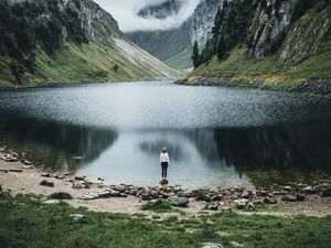 Preview wallpaper lake, mountains, girl, alone, nature