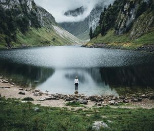 Preview wallpaper lake, mountains, girl, alone, nature