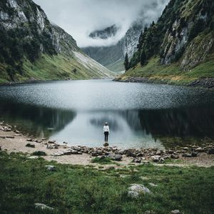 Preview wallpaper lake, mountains, girl, alone, nature