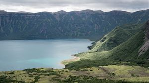 Preview wallpaper lake, mountains, grass, landscape, nature