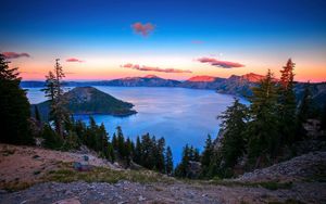 Preview wallpaper lake, mountains, height, island, trees, decline, clouds, sky, stony