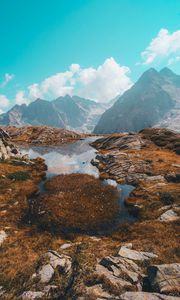 Preview wallpaper lake, mountains, herbs, stones, rocks, landscape