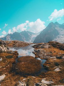 Preview wallpaper lake, mountains, herbs, stones, rocks, landscape