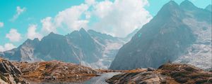 Preview wallpaper lake, mountains, herbs, stones, rocks, landscape