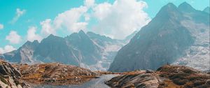 Preview wallpaper lake, mountains, herbs, stones, rocks, landscape