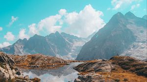 Preview wallpaper lake, mountains, herbs, stones, rocks, landscape