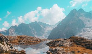Preview wallpaper lake, mountains, herbs, stones, rocks, landscape