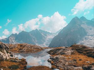 Preview wallpaper lake, mountains, herbs, stones, rocks, landscape