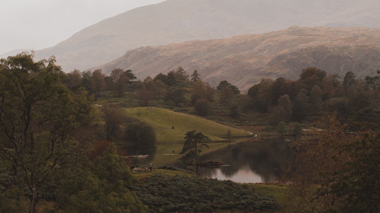 Wallpaper lake, mountains, hills, fog, landscape