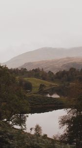 Preview wallpaper lake, mountains, hills, fog, landscape