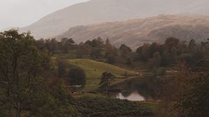 Preview wallpaper lake, mountains, hills, fog, landscape