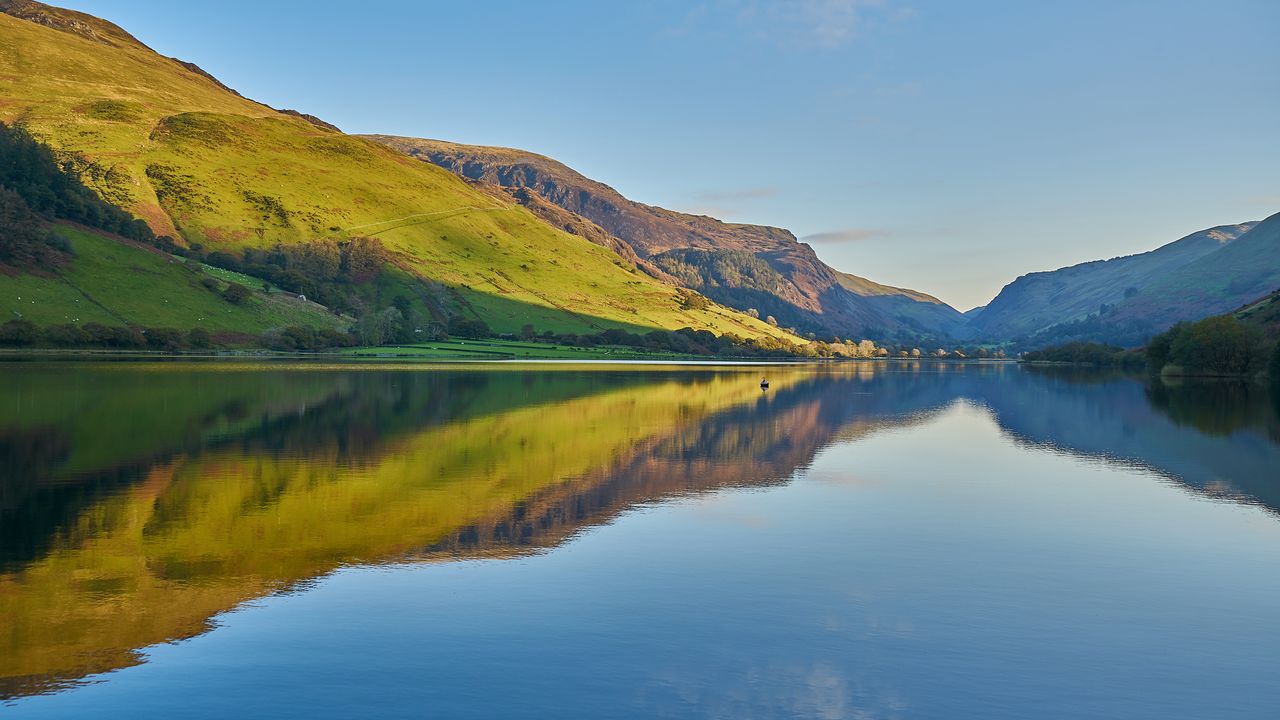 Wallpaper lake, mountains, hills, water, reflection