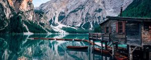 Preview wallpaper lake, mountains, house, boats, landscape, travel