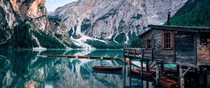 Preview wallpaper lake, mountains, house, boats, landscape, travel