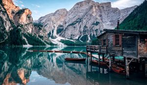 Preview wallpaper lake, mountains, house, boats, landscape, travel