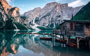 Preview wallpaper lake, mountains, house, boats, landscape, travel