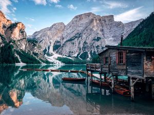 Preview wallpaper lake, mountains, house, boats, landscape, travel