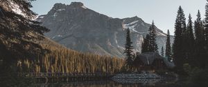 Preview wallpaper lake, mountains, house, forest, shore