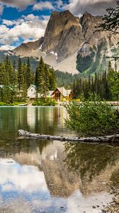 Preview wallpaper lake, mountains, houses, shore, nature