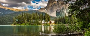 Preview wallpaper lake, mountains, houses, shore, nature