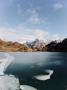 Preview wallpaper lake, mountains, ice, frozen, landscape