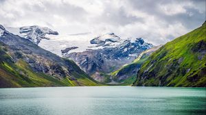 Preview wallpaper lake, mountains, landscape, nature, snow, relief