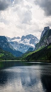 Preview wallpaper lake, mountains, landscape, nature, snow, trees