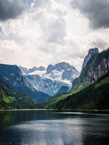 Preview wallpaper lake, mountains, landscape, nature, snow, trees