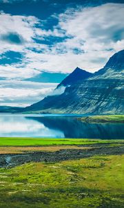 Preview wallpaper lake, mountains, landscape, clouds, island