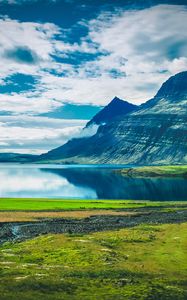 Preview wallpaper lake, mountains, landscape, clouds, island