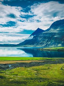 Preview wallpaper lake, mountains, landscape, clouds, island