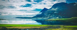 Preview wallpaper lake, mountains, landscape, clouds, island