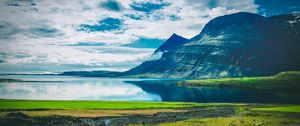 Preview wallpaper lake, mountains, landscape, clouds, island