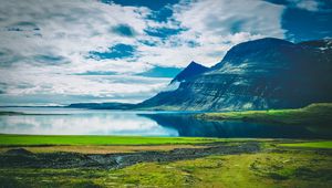 Preview wallpaper lake, mountains, landscape, clouds, island