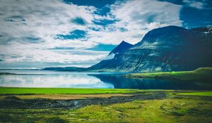 Preview wallpaper lake, mountains, landscape, clouds, island