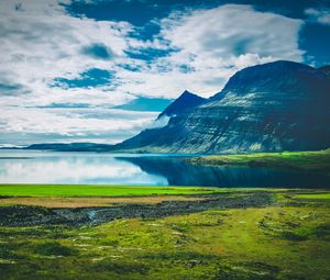 Preview wallpaper lake, mountains, landscape, clouds, island