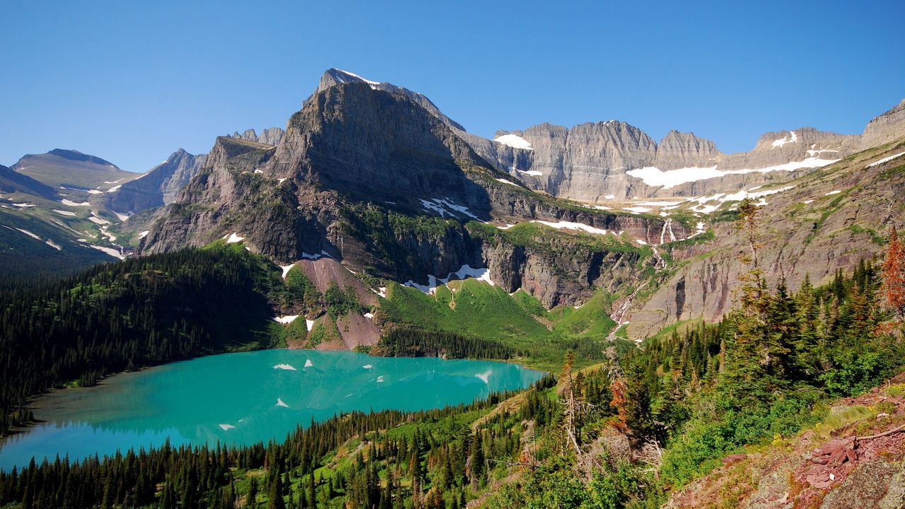 Wallpaper lake, mountains, landscape, blue water, snow, climate