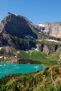 Preview wallpaper lake, mountains, landscape, blue water, snow, climate