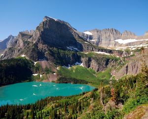 Preview wallpaper lake, mountains, landscape, blue water, snow, climate