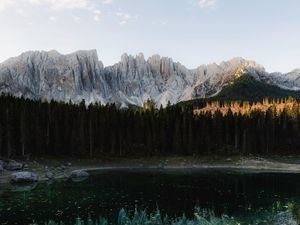 Preview wallpaper lake, mountains, man, alone, nature