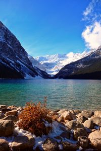 Preview wallpaper lake, mountains, peaks, stones, snowy