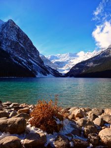 Preview wallpaper lake, mountains, peaks, stones, snowy