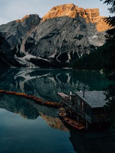 Preview wallpaper lake, mountains, pier, boats, nature