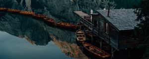 Preview wallpaper lake, mountains, pier, boats, nature