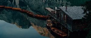 Preview wallpaper lake, mountains, pier, boats, nature