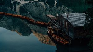 Preview wallpaper lake, mountains, pier, boats, nature